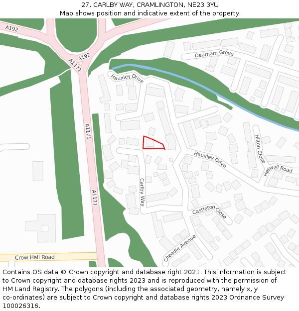 27, CARLBY WAY, CRAMLINGTON, NE23 3YU: Location map and indicative extent of plot