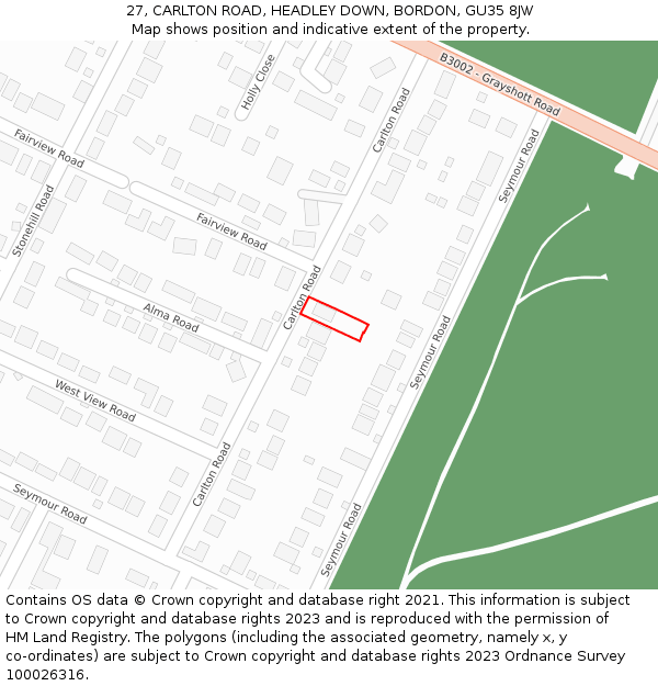 27, CARLTON ROAD, HEADLEY DOWN, BORDON, GU35 8JW: Location map and indicative extent of plot