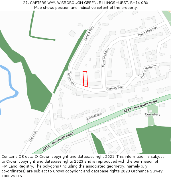 27, CARTERS WAY, WISBOROUGH GREEN, BILLINGSHURST, RH14 0BX: Location map and indicative extent of plot