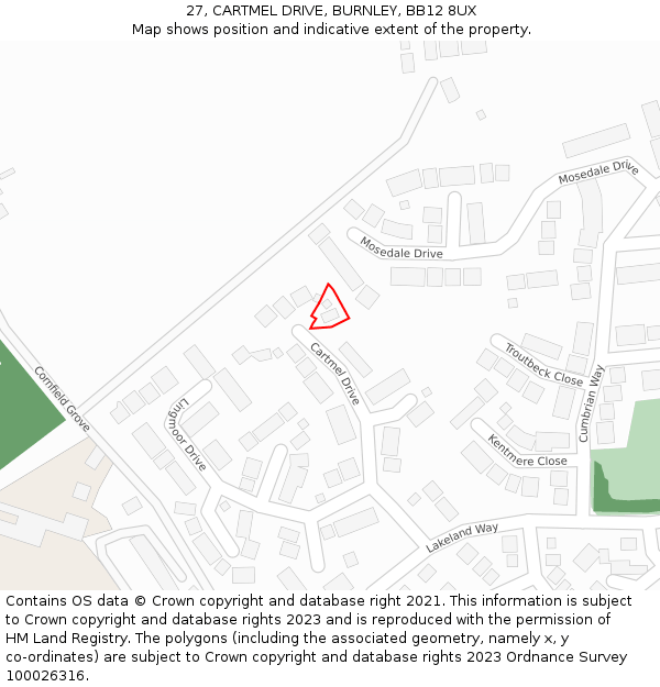 27, CARTMEL DRIVE, BURNLEY, BB12 8UX: Location map and indicative extent of plot