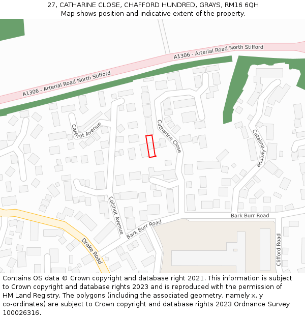 27, CATHARINE CLOSE, CHAFFORD HUNDRED, GRAYS, RM16 6QH: Location map and indicative extent of plot