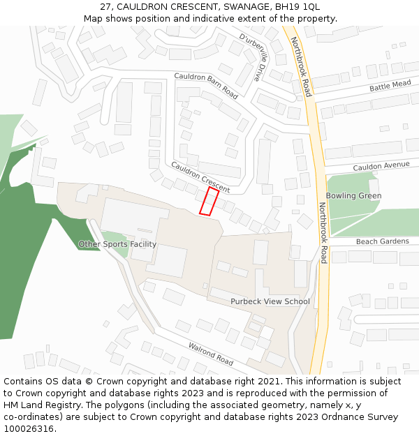 27, CAULDRON CRESCENT, SWANAGE, BH19 1QL: Location map and indicative extent of plot