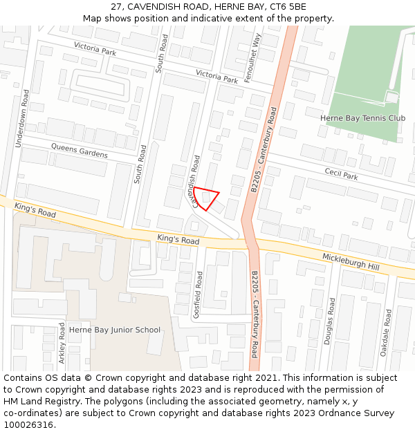 27, CAVENDISH ROAD, HERNE BAY, CT6 5BE: Location map and indicative extent of plot