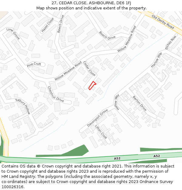 27, CEDAR CLOSE, ASHBOURNE, DE6 1FJ: Location map and indicative extent of plot