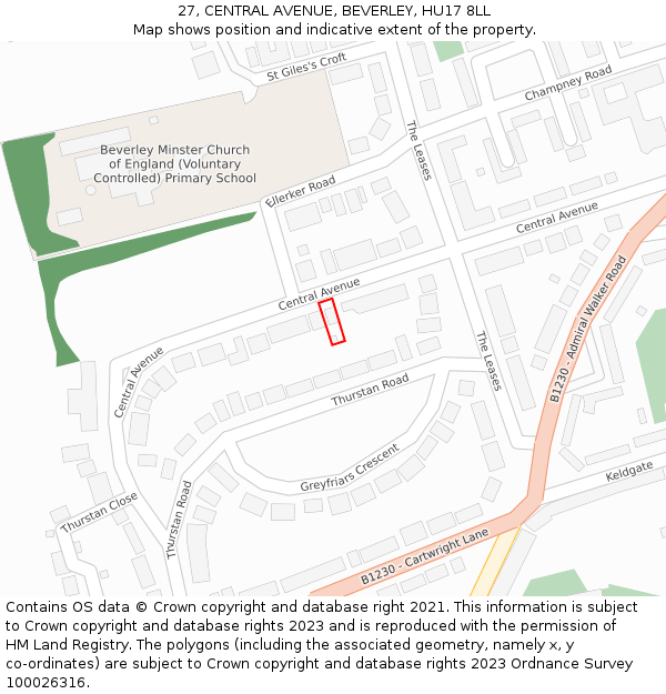 27, CENTRAL AVENUE, BEVERLEY, HU17 8LL: Location map and indicative extent of plot