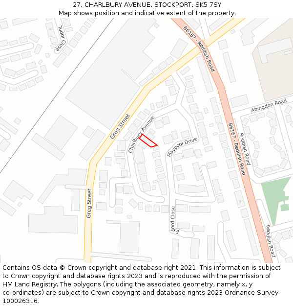 27, CHARLBURY AVENUE, STOCKPORT, SK5 7SY: Location map and indicative extent of plot
