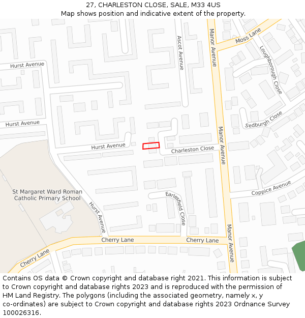 27, CHARLESTON CLOSE, SALE, M33 4US: Location map and indicative extent of plot