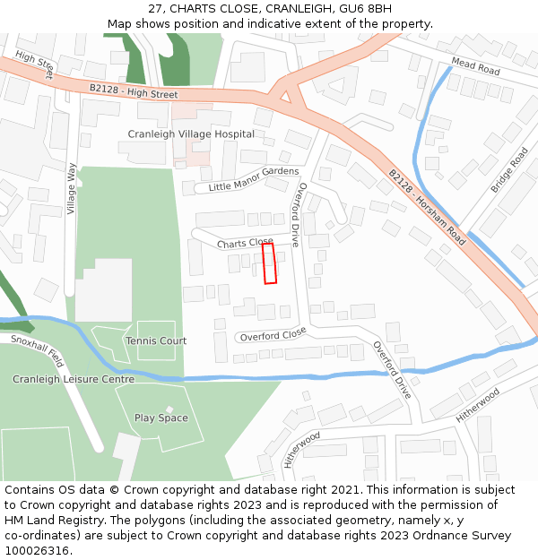 27, CHARTS CLOSE, CRANLEIGH, GU6 8BH: Location map and indicative extent of plot