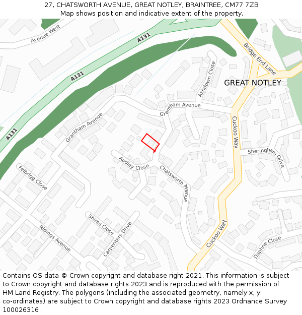 27, CHATSWORTH AVENUE, GREAT NOTLEY, BRAINTREE, CM77 7ZB: Location map and indicative extent of plot