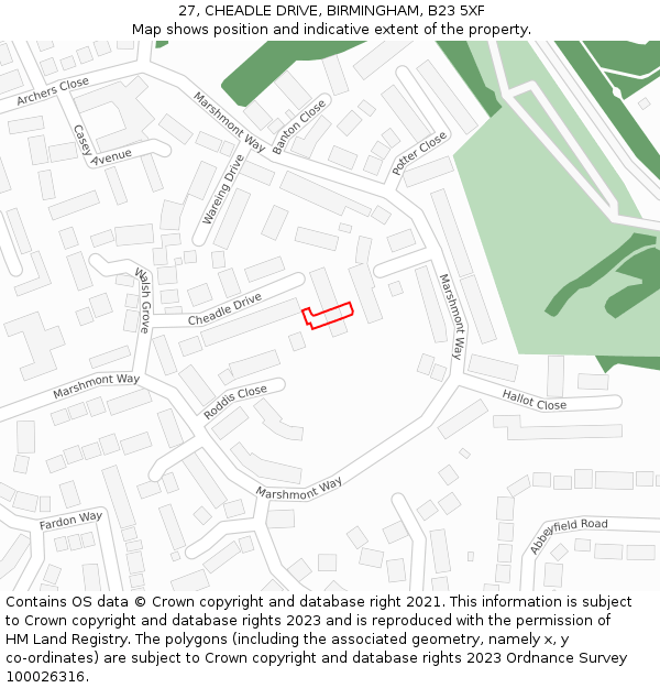 27, CHEADLE DRIVE, BIRMINGHAM, B23 5XF: Location map and indicative extent of plot