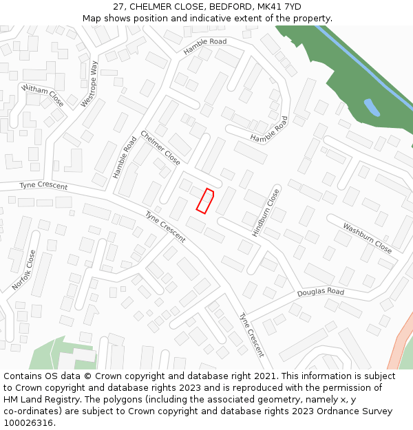 27, CHELMER CLOSE, BEDFORD, MK41 7YD: Location map and indicative extent of plot