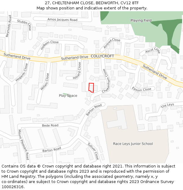 27, CHELTENHAM CLOSE, BEDWORTH, CV12 8TF: Location map and indicative extent of plot