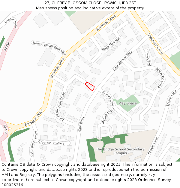 27, CHERRY BLOSSOM CLOSE, IPSWICH, IP8 3ST: Location map and indicative extent of plot