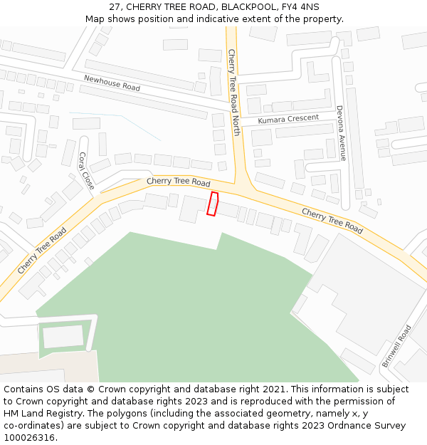 27, CHERRY TREE ROAD, BLACKPOOL, FY4 4NS: Location map and indicative extent of plot