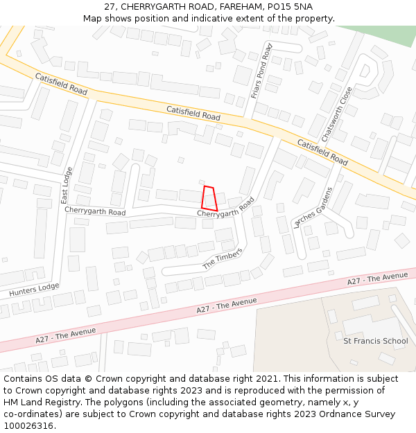 27, CHERRYGARTH ROAD, FAREHAM, PO15 5NA: Location map and indicative extent of plot