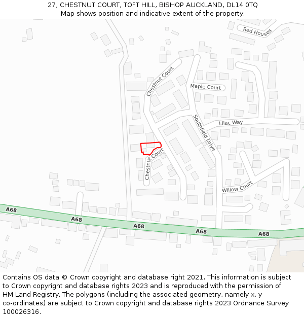 27, CHESTNUT COURT, TOFT HILL, BISHOP AUCKLAND, DL14 0TQ: Location map and indicative extent of plot