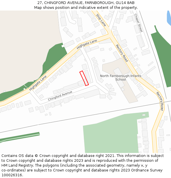 27, CHINGFORD AVENUE, FARNBOROUGH, GU14 8AB: Location map and indicative extent of plot