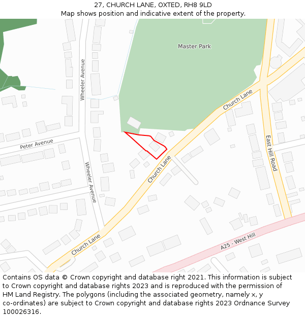27, CHURCH LANE, OXTED, RH8 9LD: Location map and indicative extent of plot