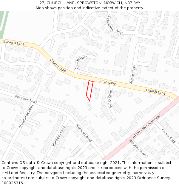 27, CHURCH LANE, SPROWSTON, NORWICH, NR7 8AY: Location map and indicative extent of plot