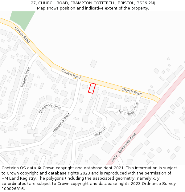 27, CHURCH ROAD, FRAMPTON COTTERELL, BRISTOL, BS36 2NJ: Location map and indicative extent of plot