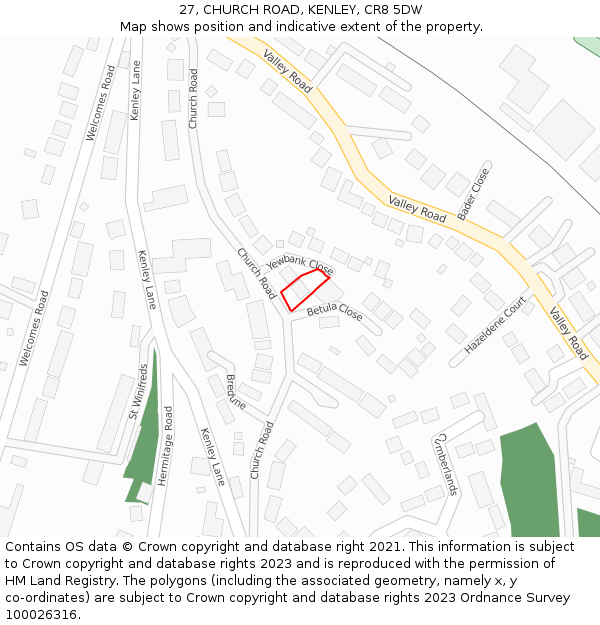 27, CHURCH ROAD, KENLEY, CR8 5DW: Location map and indicative extent of plot