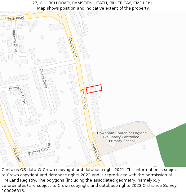 27, CHURCH ROAD, RAMSDEN HEATH, BILLERICAY, CM11 1NU: Location map and indicative extent of plot