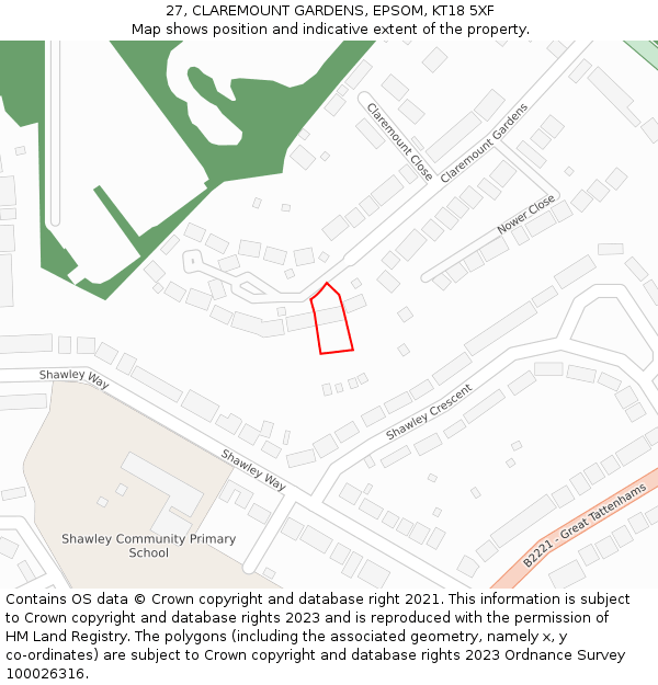 27, CLAREMOUNT GARDENS, EPSOM, KT18 5XF: Location map and indicative extent of plot