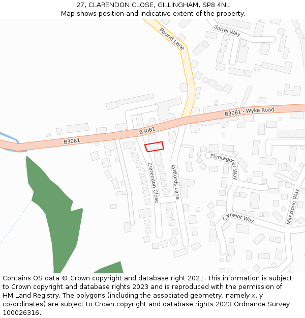 27, CLARENDON CLOSE, GILLINGHAM, SP8 4NL: Location map and indicative extent of plot