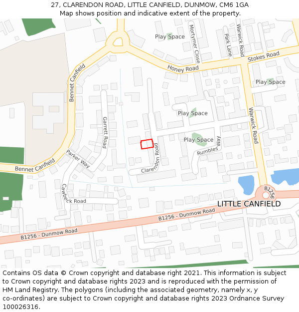 27, CLARENDON ROAD, LITTLE CANFIELD, DUNMOW, CM6 1GA: Location map and indicative extent of plot