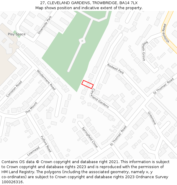 27, CLEVELAND GARDENS, TROWBRIDGE, BA14 7LX: Location map and indicative extent of plot