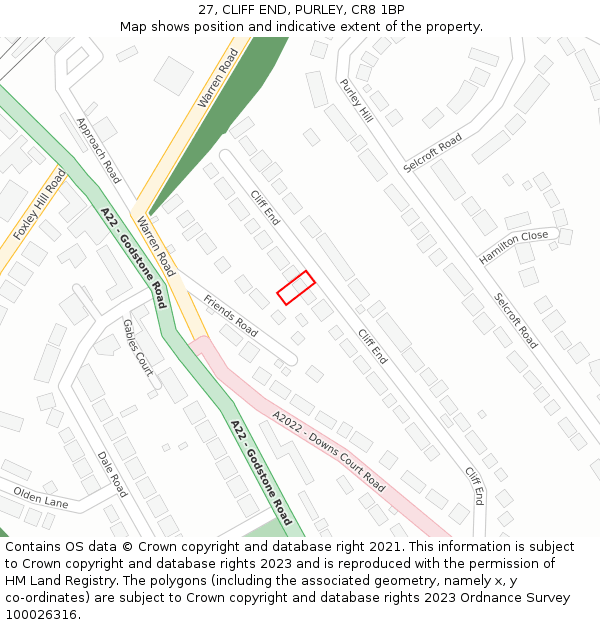 27, CLIFF END, PURLEY, CR8 1BP: Location map and indicative extent of plot