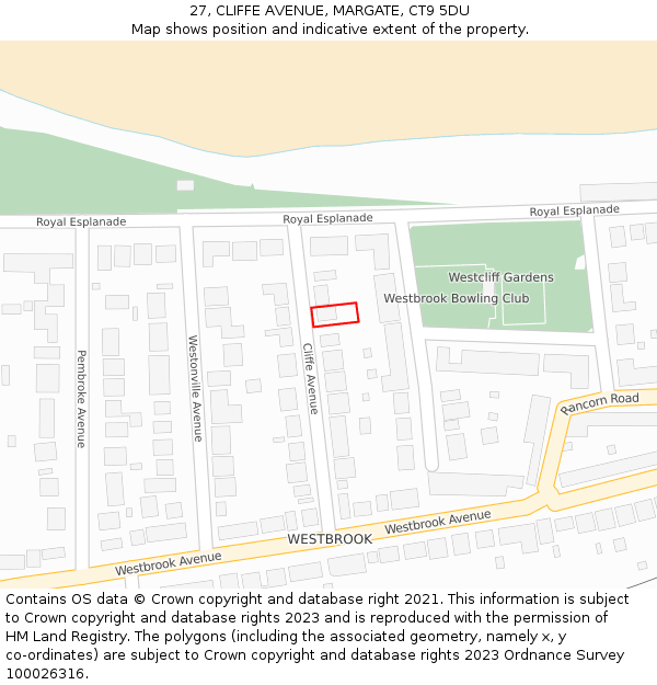 27, CLIFFE AVENUE, MARGATE, CT9 5DU: Location map and indicative extent of plot