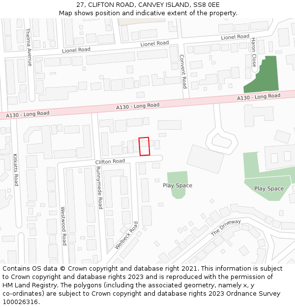 27, CLIFTON ROAD, CANVEY ISLAND, SS8 0EE: Location map and indicative extent of plot