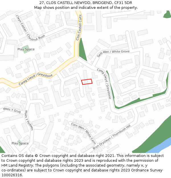 27, CLOS CASTELL NEWYDD, BRIDGEND, CF31 5DR: Location map and indicative extent of plot