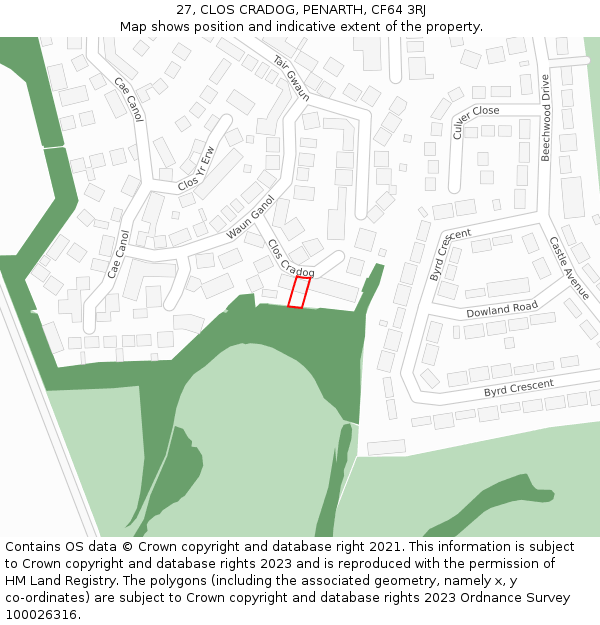 27, CLOS CRADOG, PENARTH, CF64 3RJ: Location map and indicative extent of plot