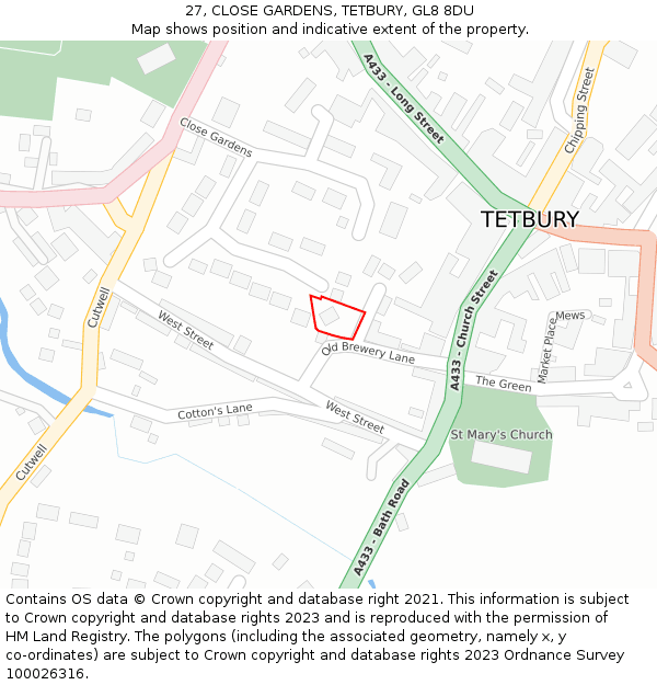 27, CLOSE GARDENS, TETBURY, GL8 8DU: Location map and indicative extent of plot