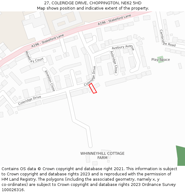 27, COLERIDGE DRIVE, CHOPPINGTON, NE62 5HD: Location map and indicative extent of plot