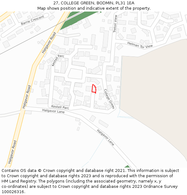 27, COLLEGE GREEN, BODMIN, PL31 1EA: Location map and indicative extent of plot