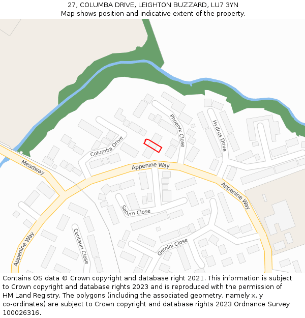 27, COLUMBA DRIVE, LEIGHTON BUZZARD, LU7 3YN: Location map and indicative extent of plot