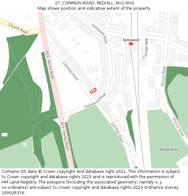 27, COMMON ROAD, REDHILL, RH1 6HG: Location map and indicative extent of plot
