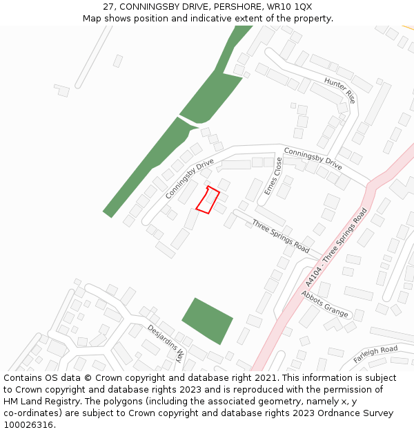27, CONNINGSBY DRIVE, PERSHORE, WR10 1QX: Location map and indicative extent of plot