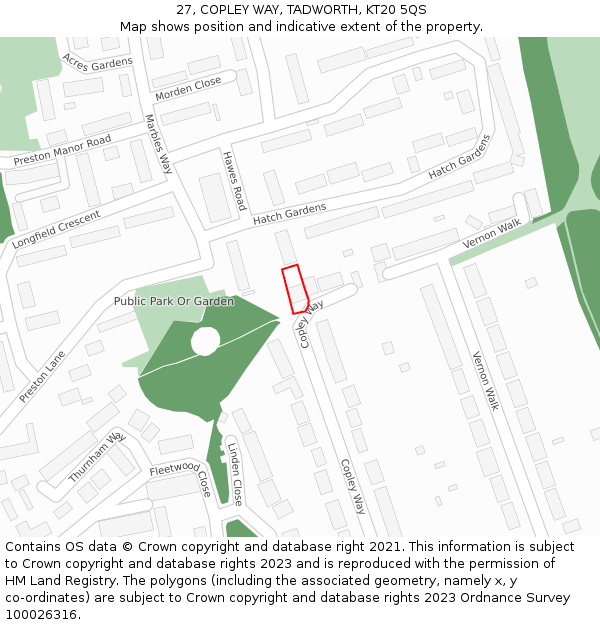 27, COPLEY WAY, TADWORTH, KT20 5QS: Location map and indicative extent of plot