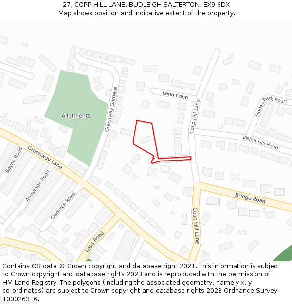 27, COPP HILL LANE, BUDLEIGH SALTERTON, EX9 6DX: Location map and indicative extent of plot