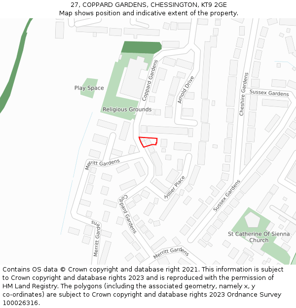 27, COPPARD GARDENS, CHESSINGTON, KT9 2GE: Location map and indicative extent of plot