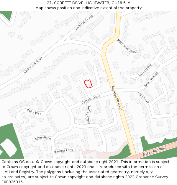 27, CORBETT DRIVE, LIGHTWATER, GU18 5LA: Location map and indicative extent of plot