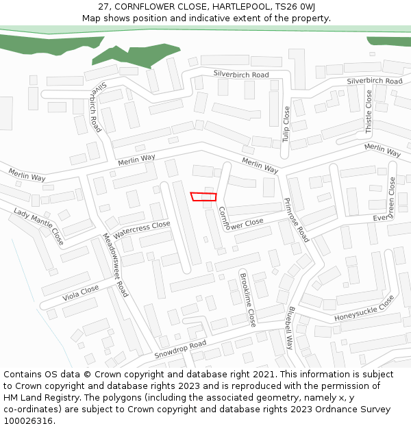 27, CORNFLOWER CLOSE, HARTLEPOOL, TS26 0WJ: Location map and indicative extent of plot