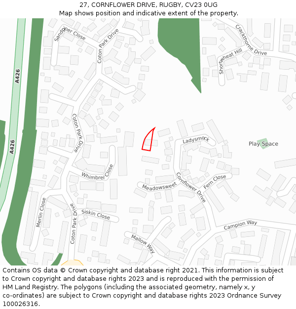 27, CORNFLOWER DRIVE, RUGBY, CV23 0UG: Location map and indicative extent of plot