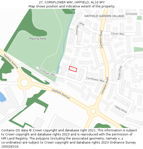 27, CORNFLOWER WAY, HATFIELD, AL10 9FY: Location map and indicative extent of plot