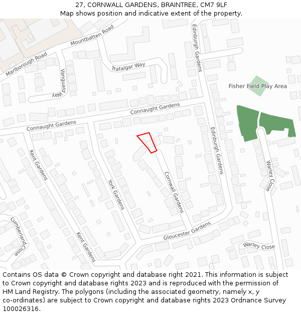 27, CORNWALL GARDENS, BRAINTREE, CM7 9LF: Location map and indicative extent of plot