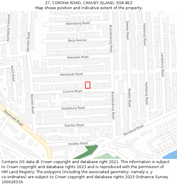 27, CORONA ROAD, CANVEY ISLAND, SS8 8EZ: Location map and indicative extent of plot